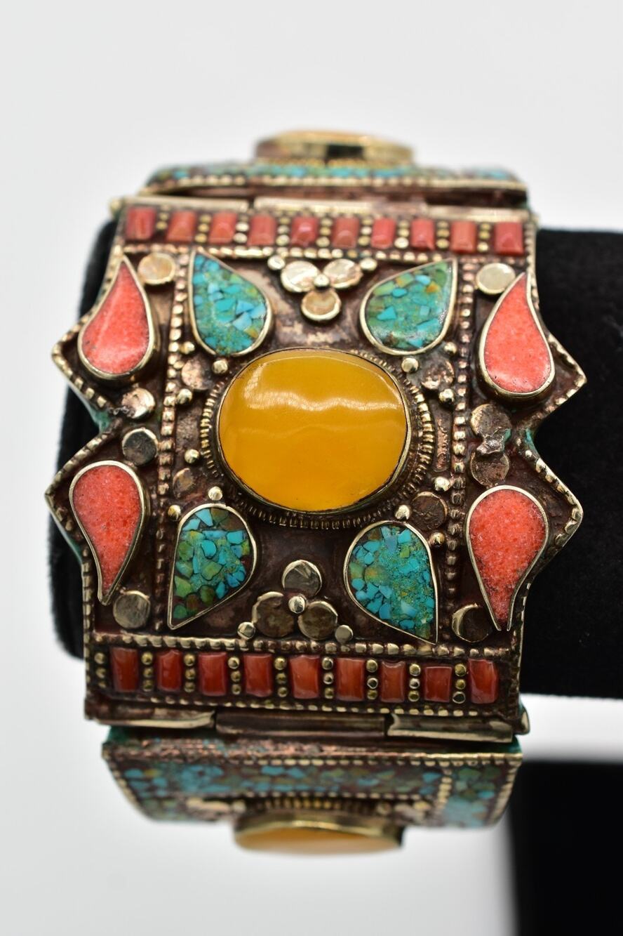 Vintage Tibetan Ethnic Bracelet Coral Turquoise Stone Inlay Chunky 1940s Bin2